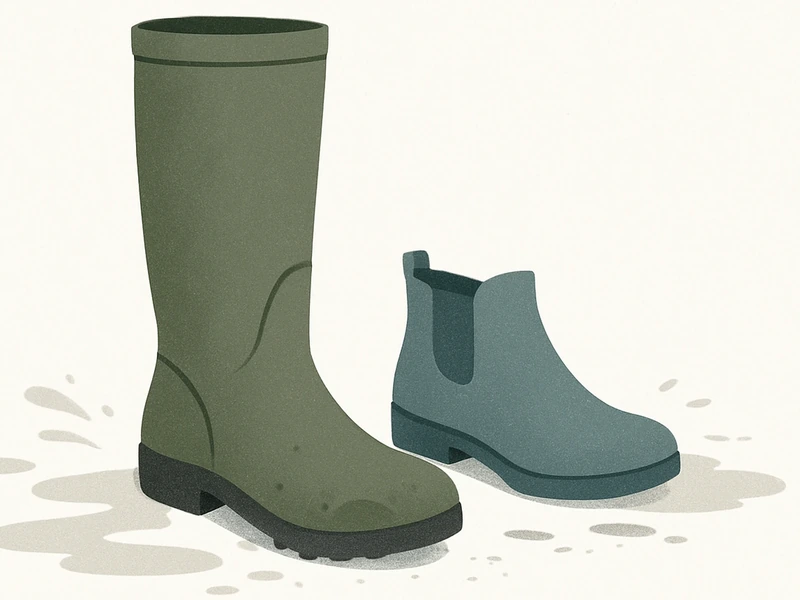 Minimalist illustration of two practical rain boots with abstract puddle and mud accents on a white background, conveying simplicity and usefulness for wet weather.