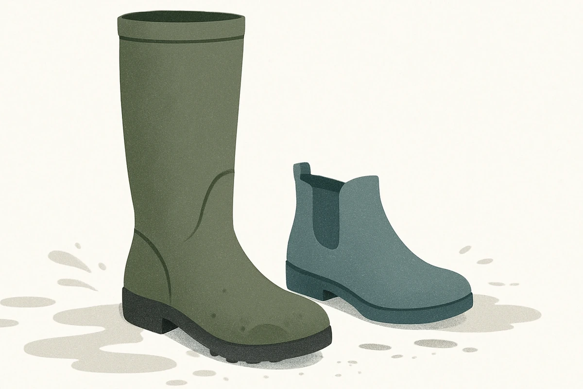 Minimalist illustration of two practical rain boots with abstract puddle and mud accents on a white background, conveying simplicity and usefulness for wet weather.