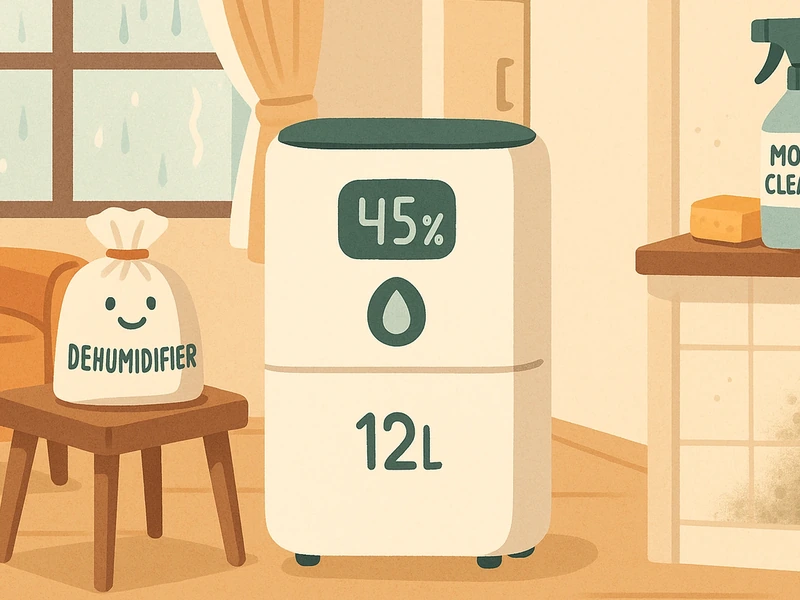 Illustration of a dehumidifier and humidity meter (hygrometer) in a UK home