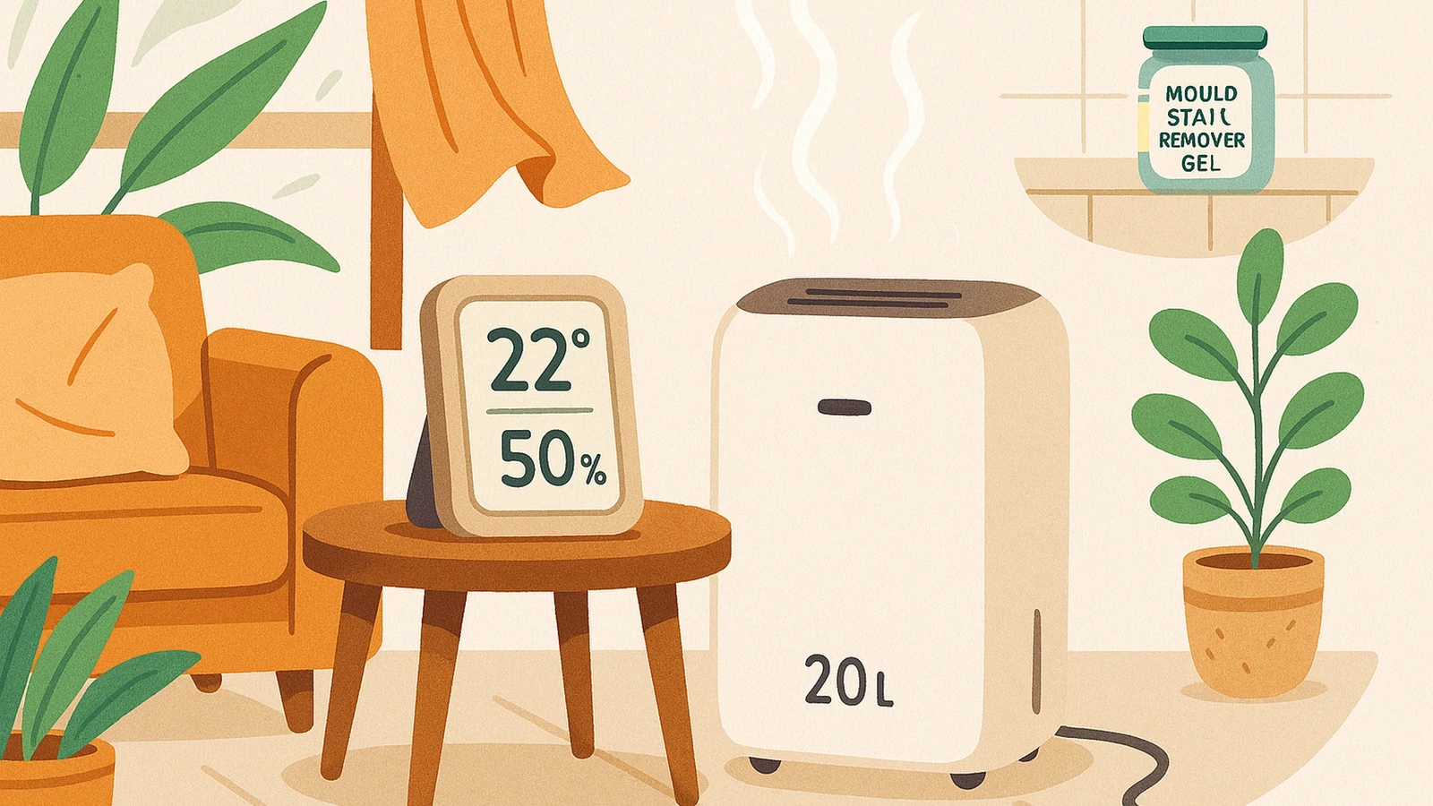 Illustration of a living room scene with a digital thermo-hygrometer on a side table and a modern dehumidifier running nearby, in a warm boutique illustration style.
