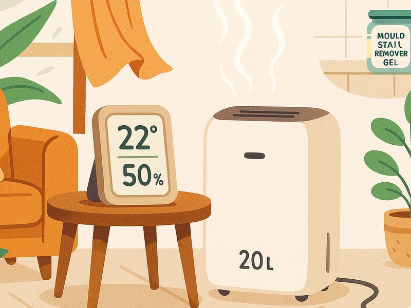 Illustration of a living room scene with a digital thermo-hygrometer on a side table and a modern dehumidifier running nearby, in a warm boutique illustration style.